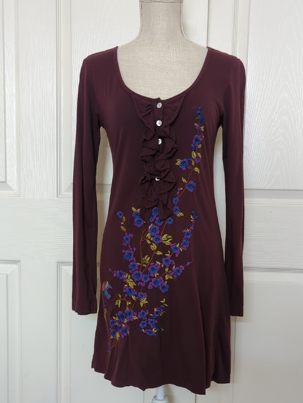 Johnny Was Long Sleeve Ruffle Front Floral Embroidered Tunic Dress - Burgundy